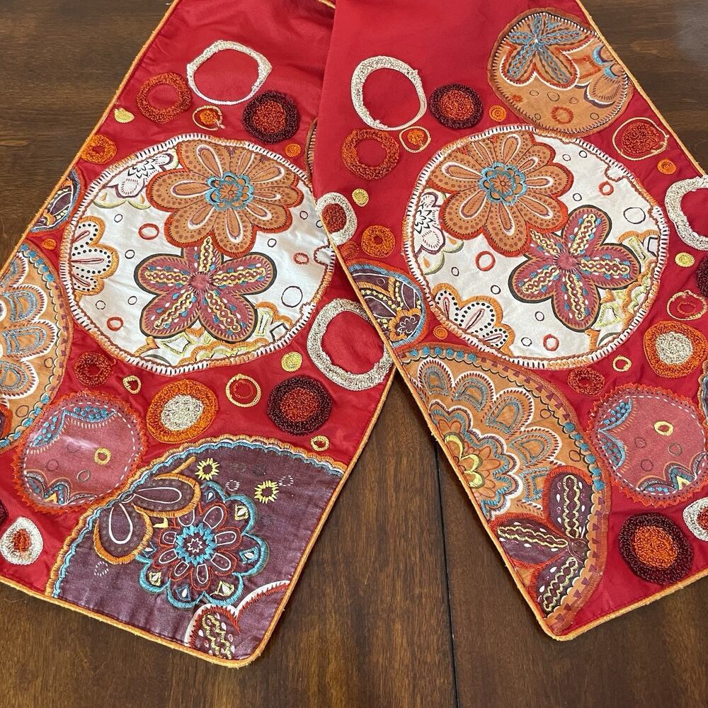 A‎ Journey to India Boho Table Runner Red Embroidered Floral 13"x70" Hippie